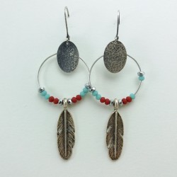 Boucle d'oreille plume turquoise/rouge Pia louise