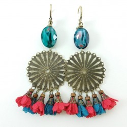 Boucle d'oreille pompon fuchsia/ bleu