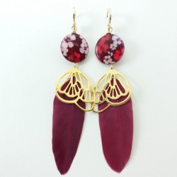 Boucle d'oreille aile et plume bordeaux